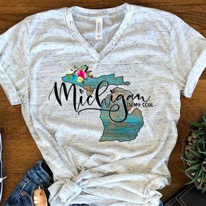 New Michigan In My Soul Watercolor XL Bella Unisex V Neck Marble T-shirt